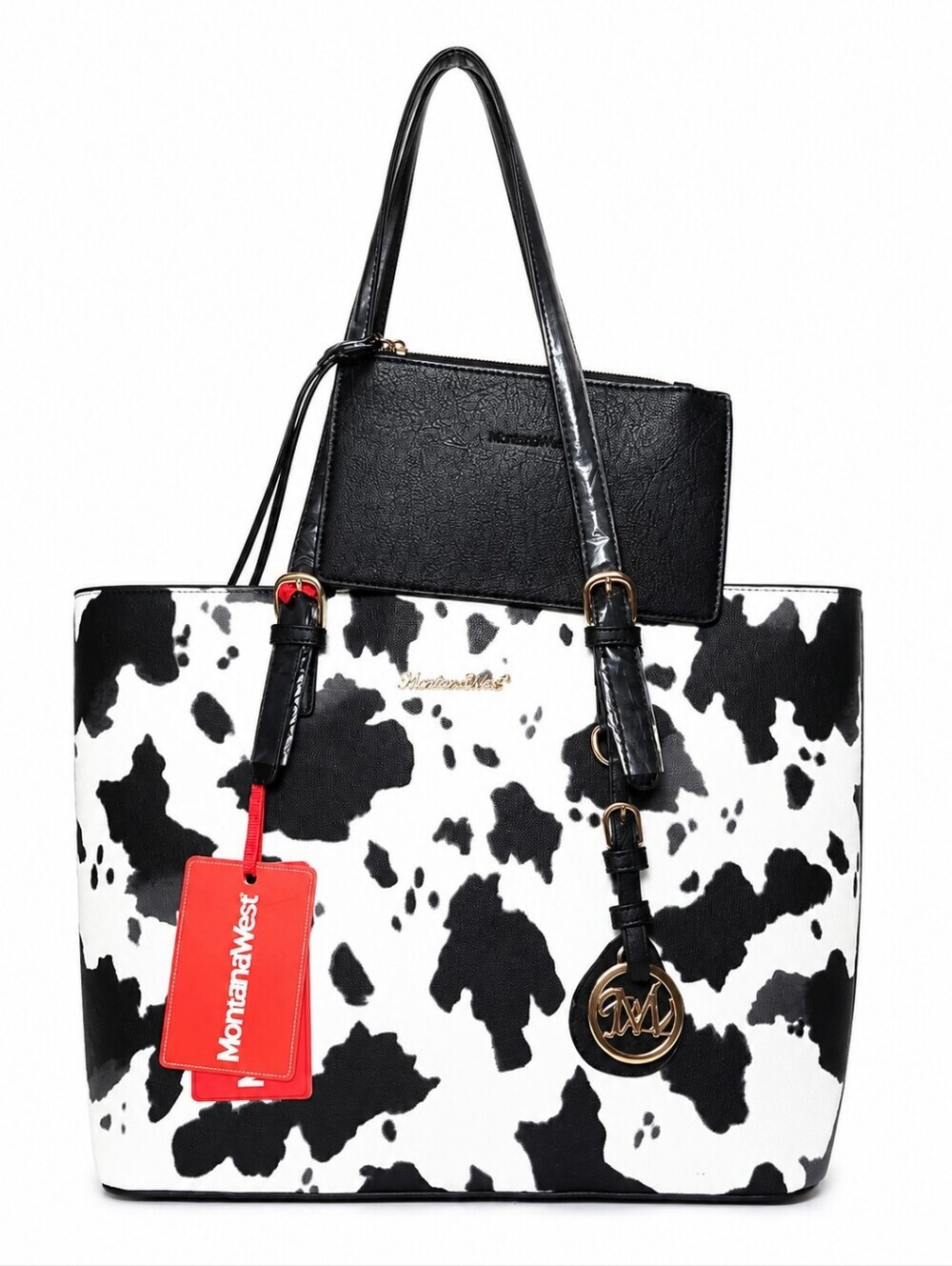NWT Montana West Cow Print Tote Bag & Matching Wristlet Set
